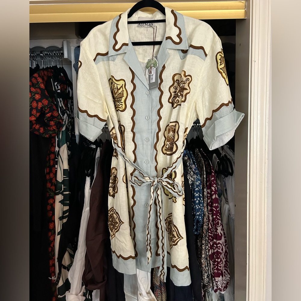 Alemais Cream and Brown Printed Mini Dress with Belt